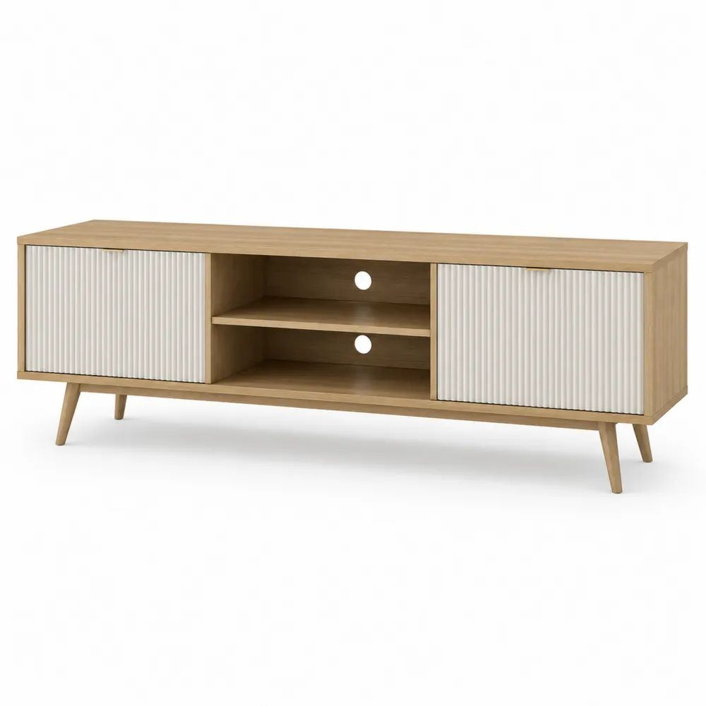 Meuble TV en bois 140 x 40 x 58 cm avec 2 portes coulissantes et 2 niches, chêne clair et blanc
