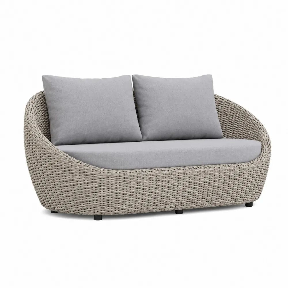 Canapé de jardin extérieur 2 places arrondi en résine tressée et acier, gris clair et gris, 160 × 85 × 80 cm