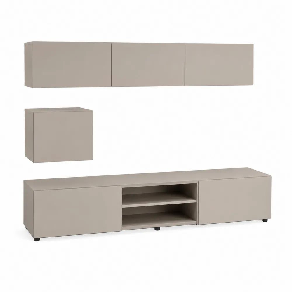 Ensemble meuble TV mural 5 pièces en bois taupe, meuble bas 180 x 31,5 x 40 cm, 3 modules muraux 60 x 31 x 30 cm et 1 module 60 x 31 x 60 cm
