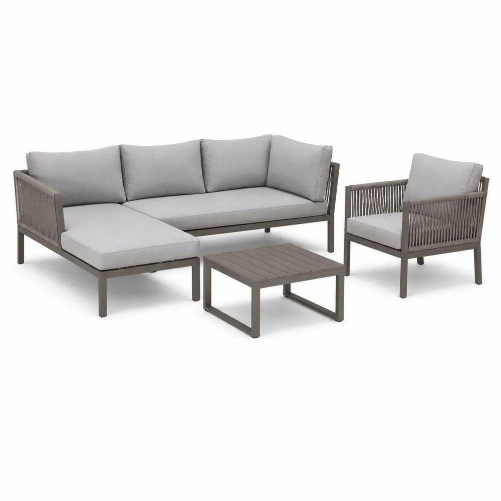 Salon de jardin extérieur 4 pièces en aluminium gris, canapé d’angle, fauteuil et table basse, 210 × 150 × 75 cm