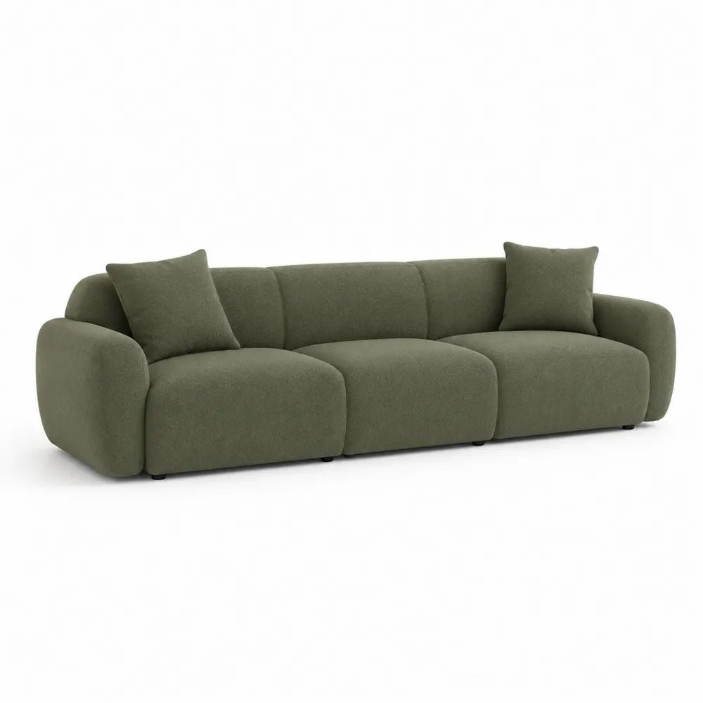 Canapé 3 places en tissu bouclé vert olive avec accoudoirs arrondis, 240 × 100 × 74 cm