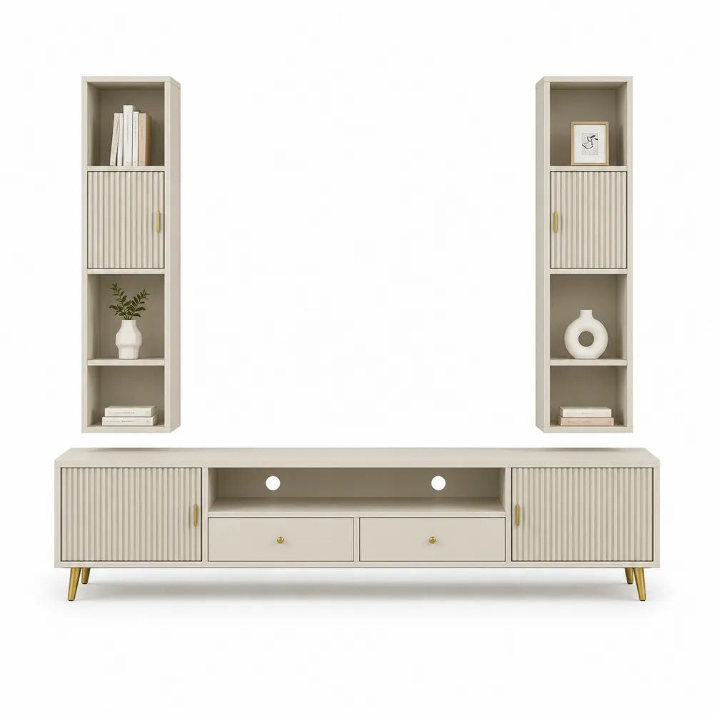 Ensemble meuble TV rectangulaire 3 pièces beige et doré en bois, meuble bas 200 × 40 × 52 cm et 2 colonnes murales 35 × 25 × 120 cm