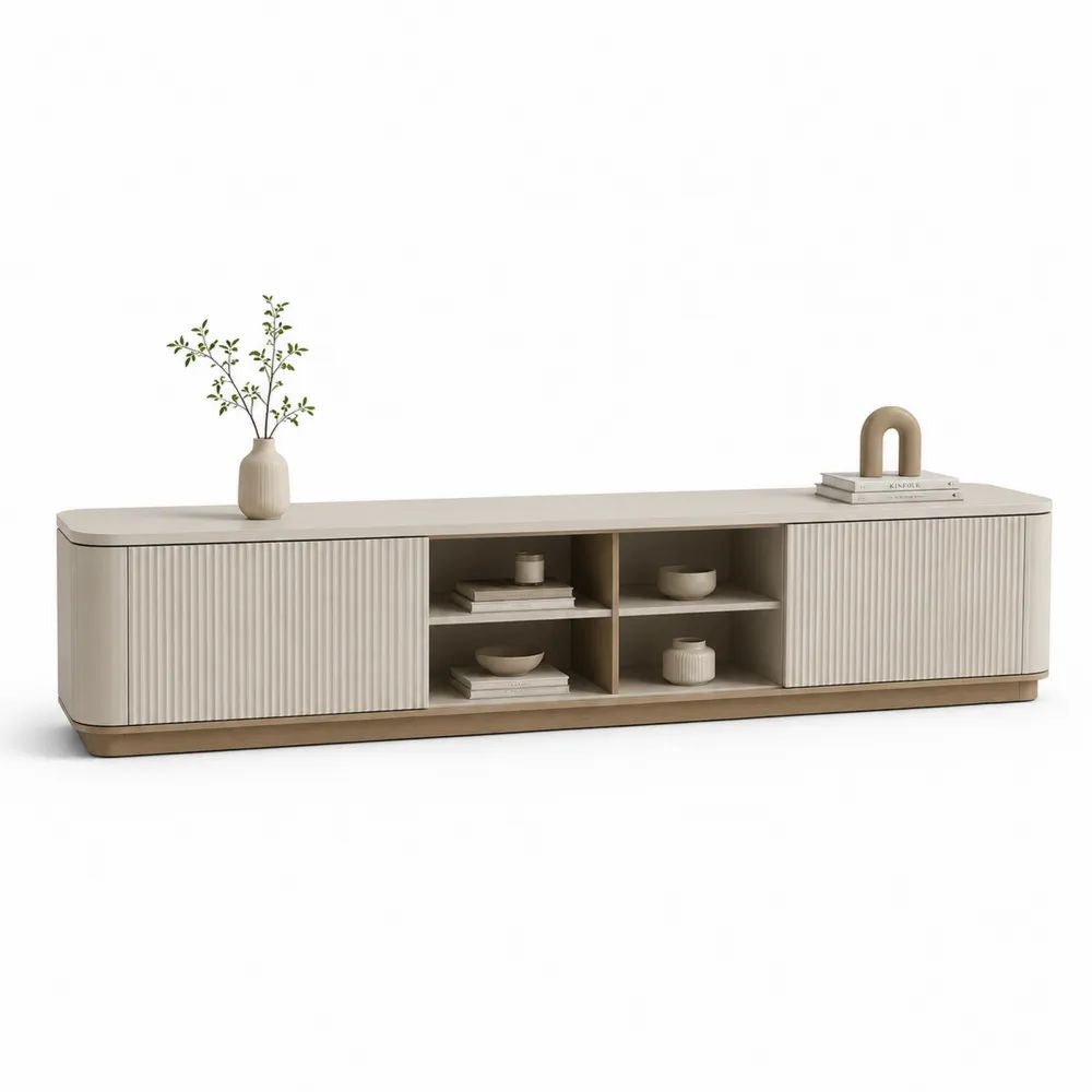 Meuble TV bas rectangulaire en bois à 2 portes coulissantes, beige grège, beige clair et brun taupe, 220 × 42 × 55 cm