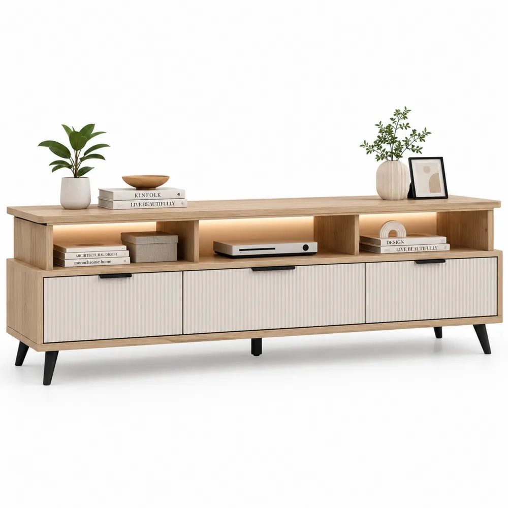 Meuble TV LED rectangulaire en bois et métal, 3 portes et 3 niches, chêne clair, blanc et noir, 180 × 40 × 65 cm