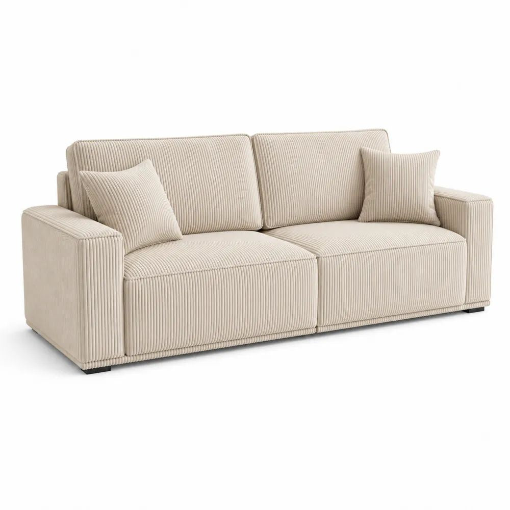 Canapé droit 3 places en velours côtelé polyester beige, 210 × 90 × 82 cm