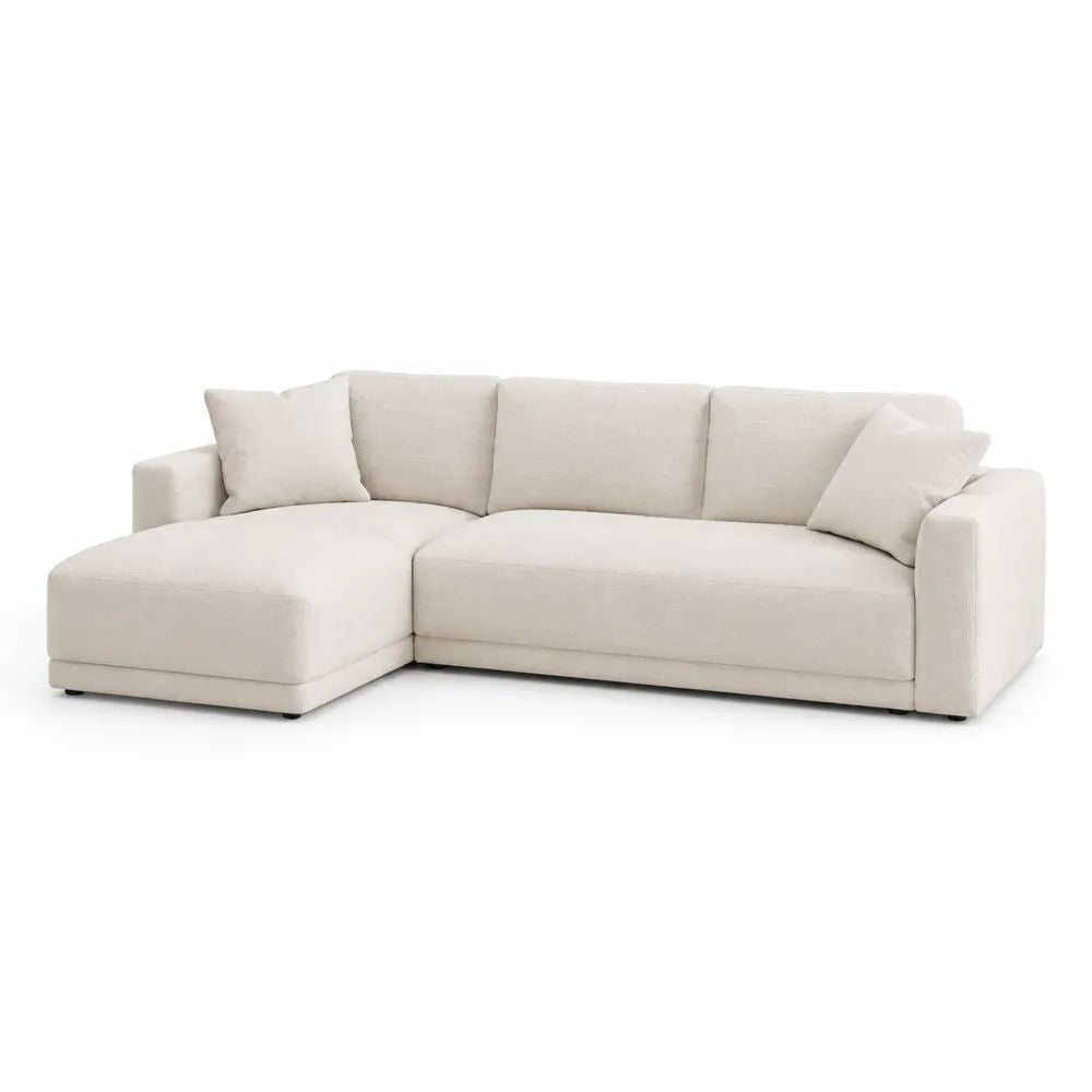 Canapé d’angle gauche 3 places avec méridienne en tissu écru, 280 x 170 x 85 cm