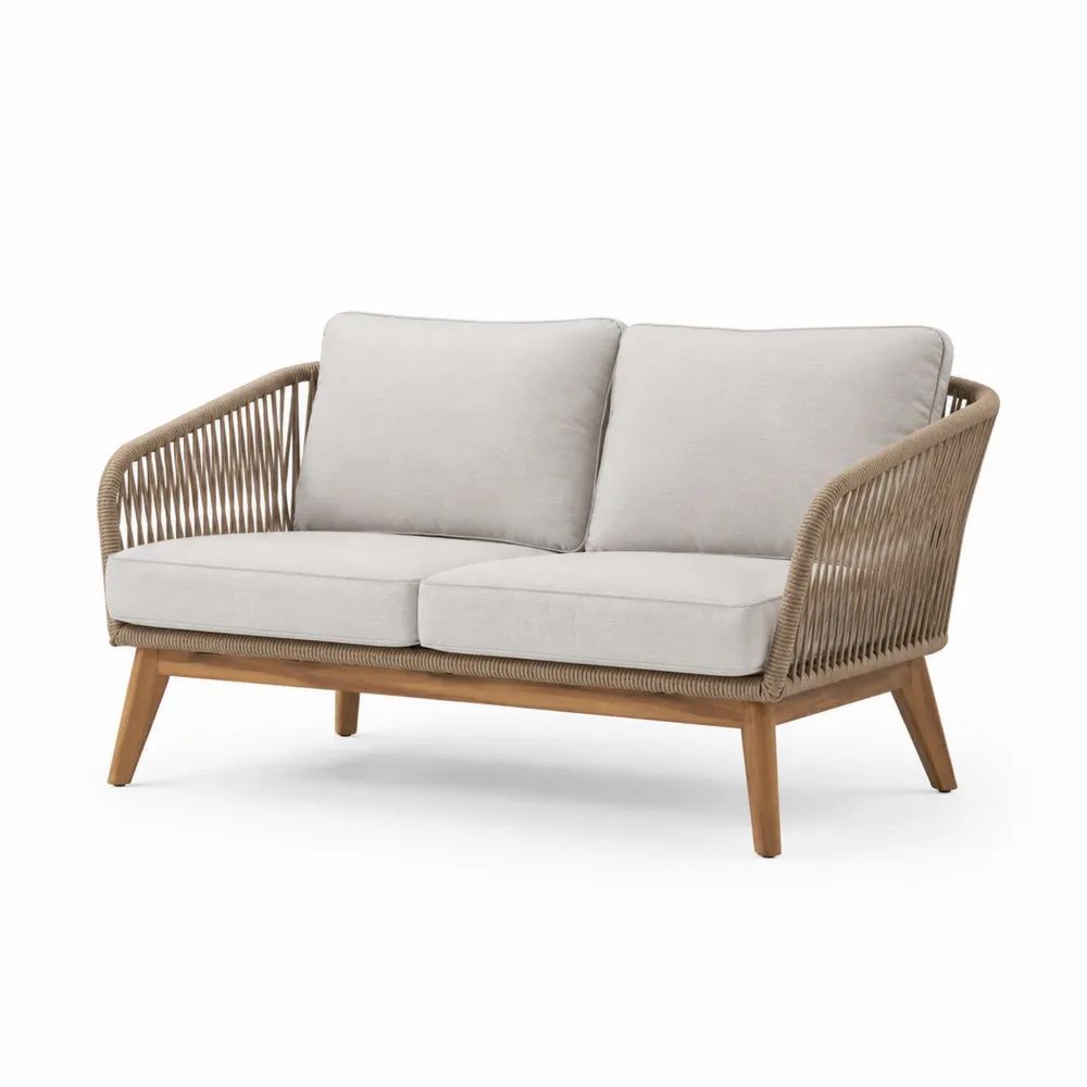Canapé de jardin 2 places rectangulaire en acacia massif et corde PE avec coussins en polyester, beige clair, taupe et marron naturel, 143 x 76 x 80 cm
