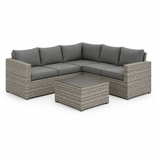 Ensemble salon de jardin d’angle 5 places en résine tressée et acier avec table basse, gris taupe et gris anthracite, canapé 200 x 200 x 74 cm, table 70 x 70 x 35 cm