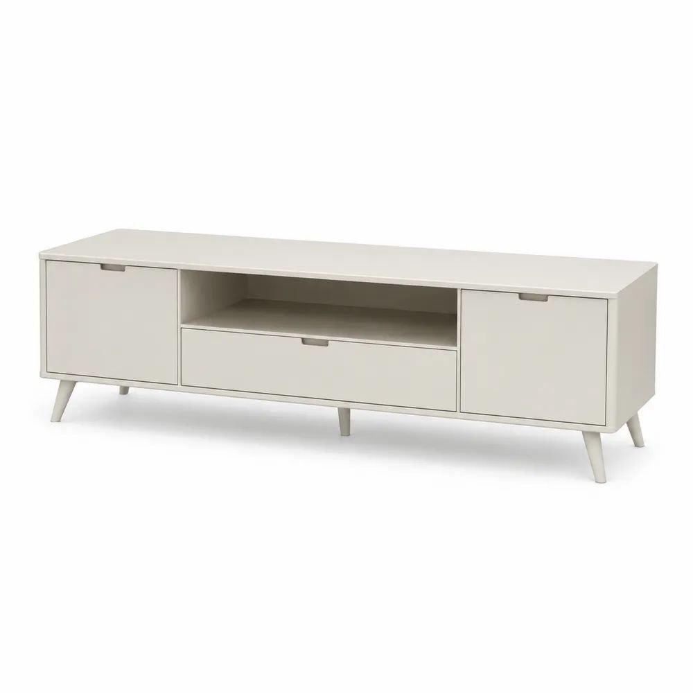 Meuble TV bas rectangulaire en panneaux de particules mélaminés blanc cassé avec 2 portes, 1 tiroir et 1 niche, 150 × 40 × 60 cm