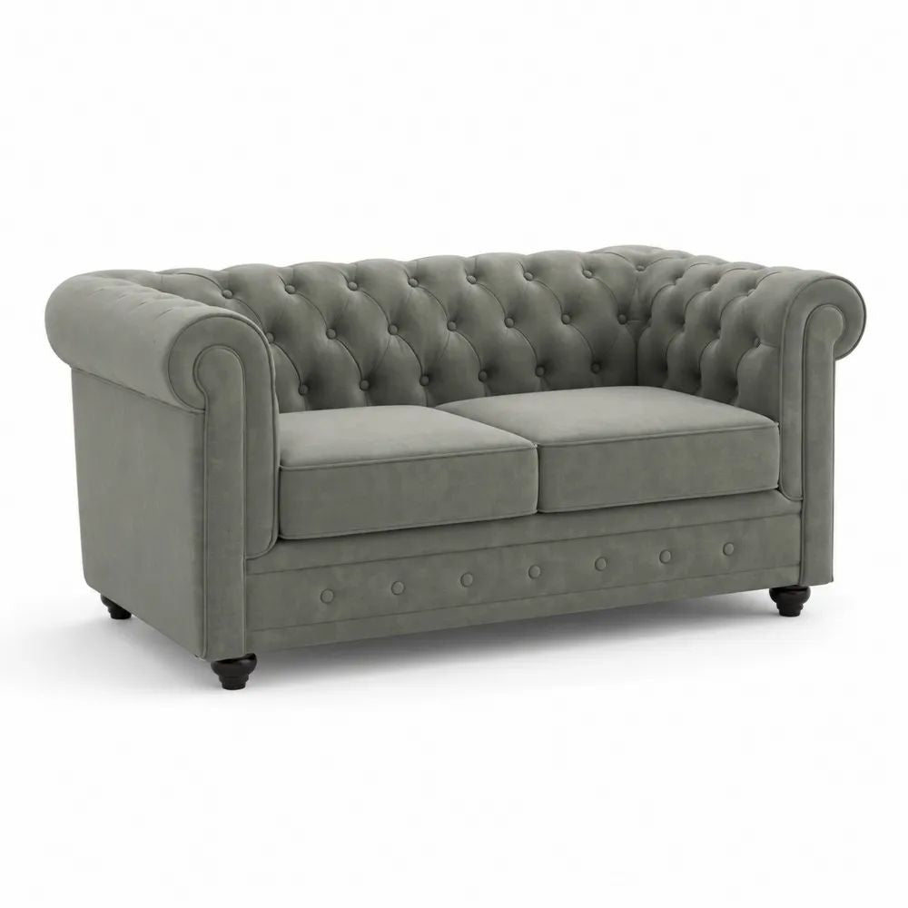 Canapé 2 places capitonné en velours polyester gris avec pieds noirs, 145 × 75 × 72 cm