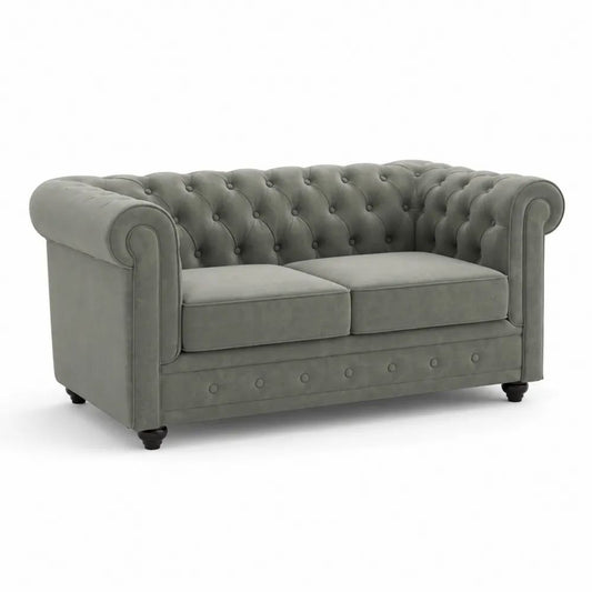 Canapé 2 places capitonné en velours polyester gris avec pieds noirs, 145 × 75 × 72 cm