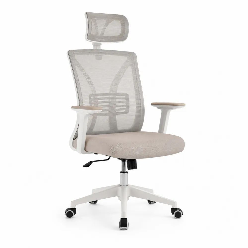 Fauteuil de bureau ergonomique pivotant en maille polyester, plastique et métal, beige clair, blanc, gris et noir, 64 × 64 × 116–126 cm
