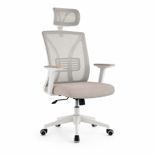 Fauteuil de bureau ergonomique pivotant en maille polyester, plastique et métal, beige clair, blanc, gris et noir, 64 × 64 × 116–126 cm