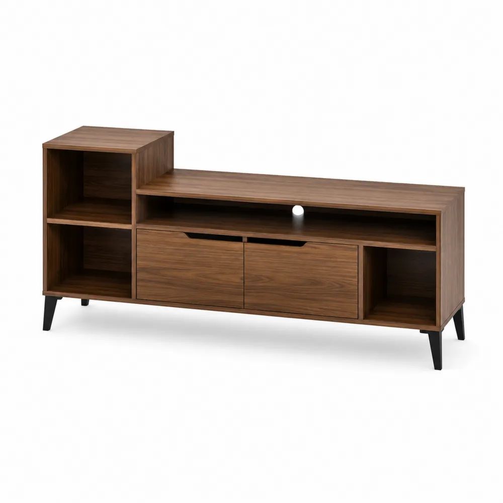 Meuble TV avec rangements en MDF plaqué noyer et pieds en acier noir, 150 × 40 × 75 cm