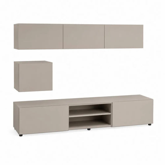 Ensemble meuble TV mural 5 pièces en bois taupe, meuble bas 180 x 31,5 x 40 cm, 3 modules muraux 60 x 31 x 30 cm et 1 module 60 x 31 x 60 cm