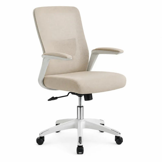 Fauteuil de bureau ergonomique pivotant et réglable en maille beige, métal et plastique blanc, 64 x 64 x 96-106 cm