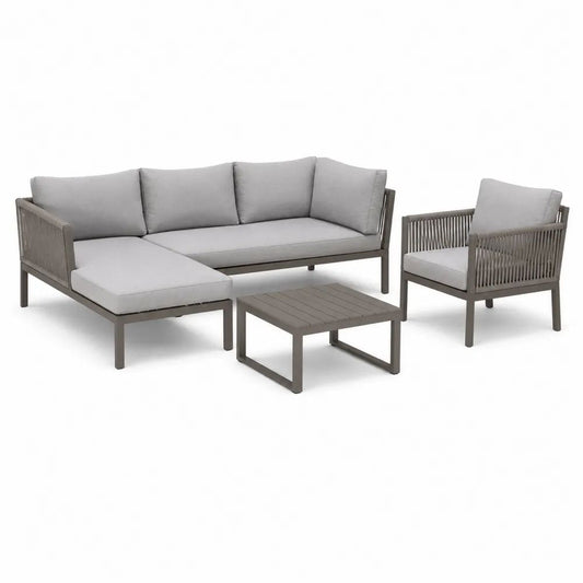 Salon de jardin extérieur 4 pièces en aluminium gris, canapé d’angle, fauteuil et table basse, 210 × 150 × 75 cm