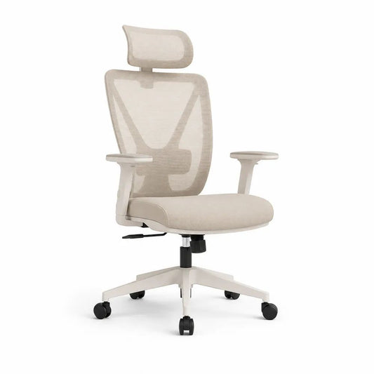 Chaise de bureau ergonomique beige en maille avec appuie-tête, accoudoirs réglables et roulettes, 66 x 66 x 115-125 cm