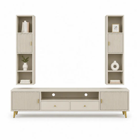 Ensemble meuble TV rectangulaire 3 pièces beige et doré en bois, meuble bas 200 × 40 × 52 cm et 2 colonnes murales 35 × 25 × 120 cm