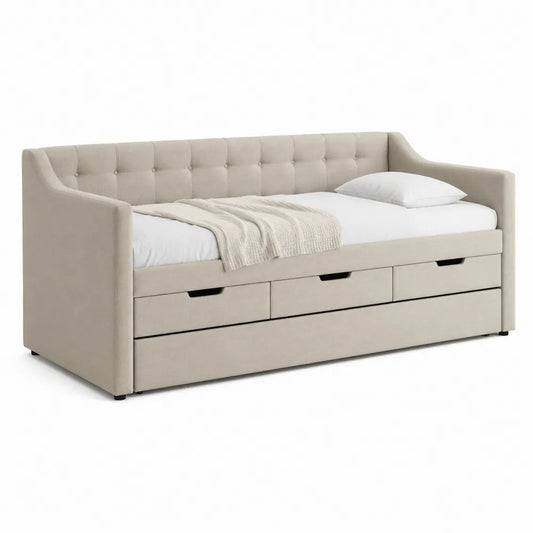 Lit banquette 1 place en tissu beige avec dossier capitonné et 3 tiroirs, couchage 90 x 200 cm, dimensions 216 x 101 x 92 cm