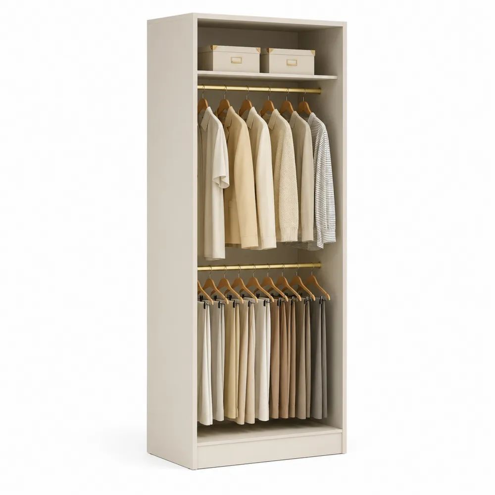 Armoire penderie ouverte en panneaux de particules avec 2 tringles et 1 étagère, beige et laiton, 80 × 50 × 180 cm