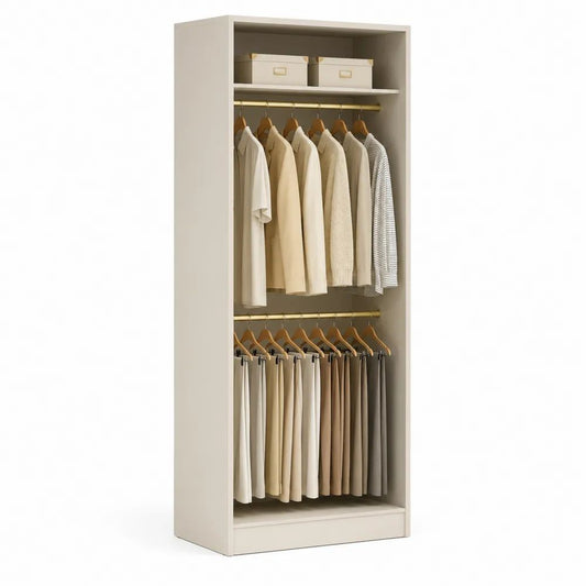 Armoire penderie ouverte en panneaux de particules avec 2 tringles et 1 étagère, beige et laiton, 80 × 50 × 180 cm
