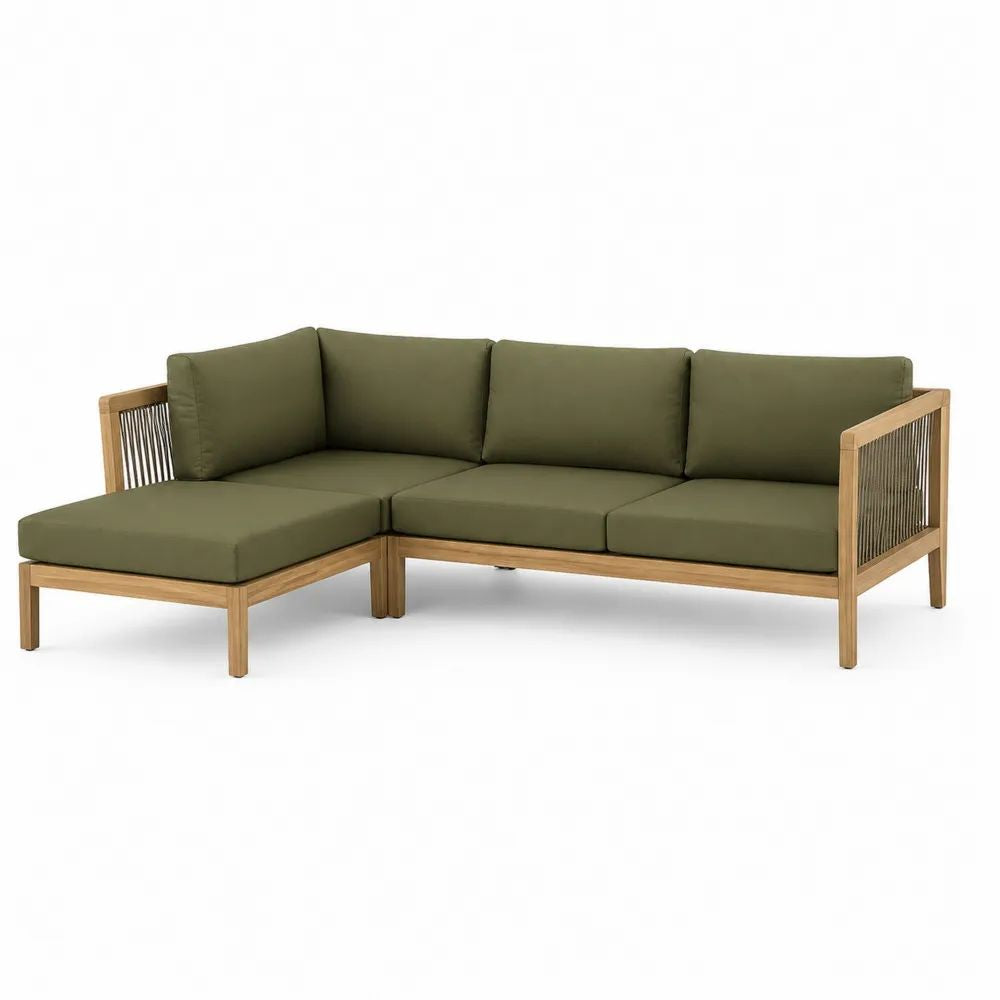 Canapé de jardin d’angle gauche 4 places en bois, cordage et tissu vert olive, 228 × 150 × 75 cm