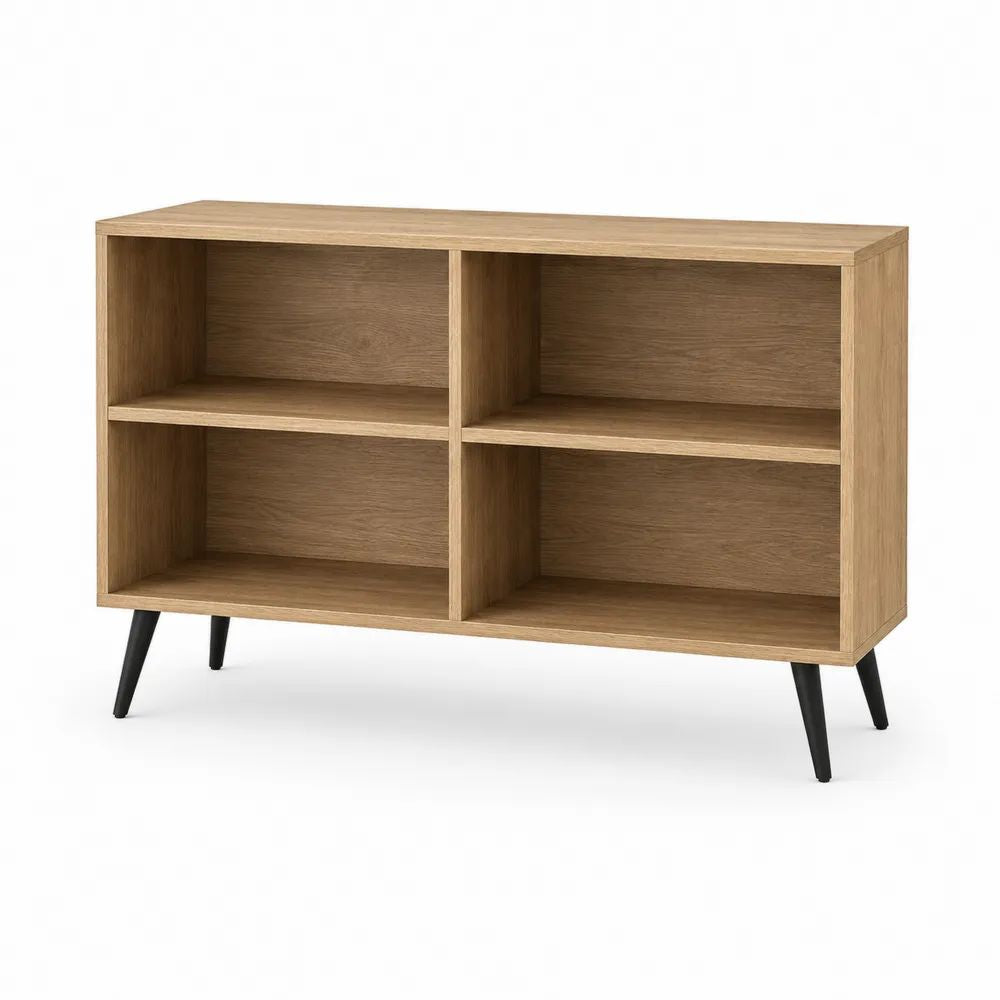 Meuble TV rectangulaire en panneaux de particules mélaminés et métal, 4 niches ouvertes, chêne naturel et noir, 120 × 35 × 75 cm