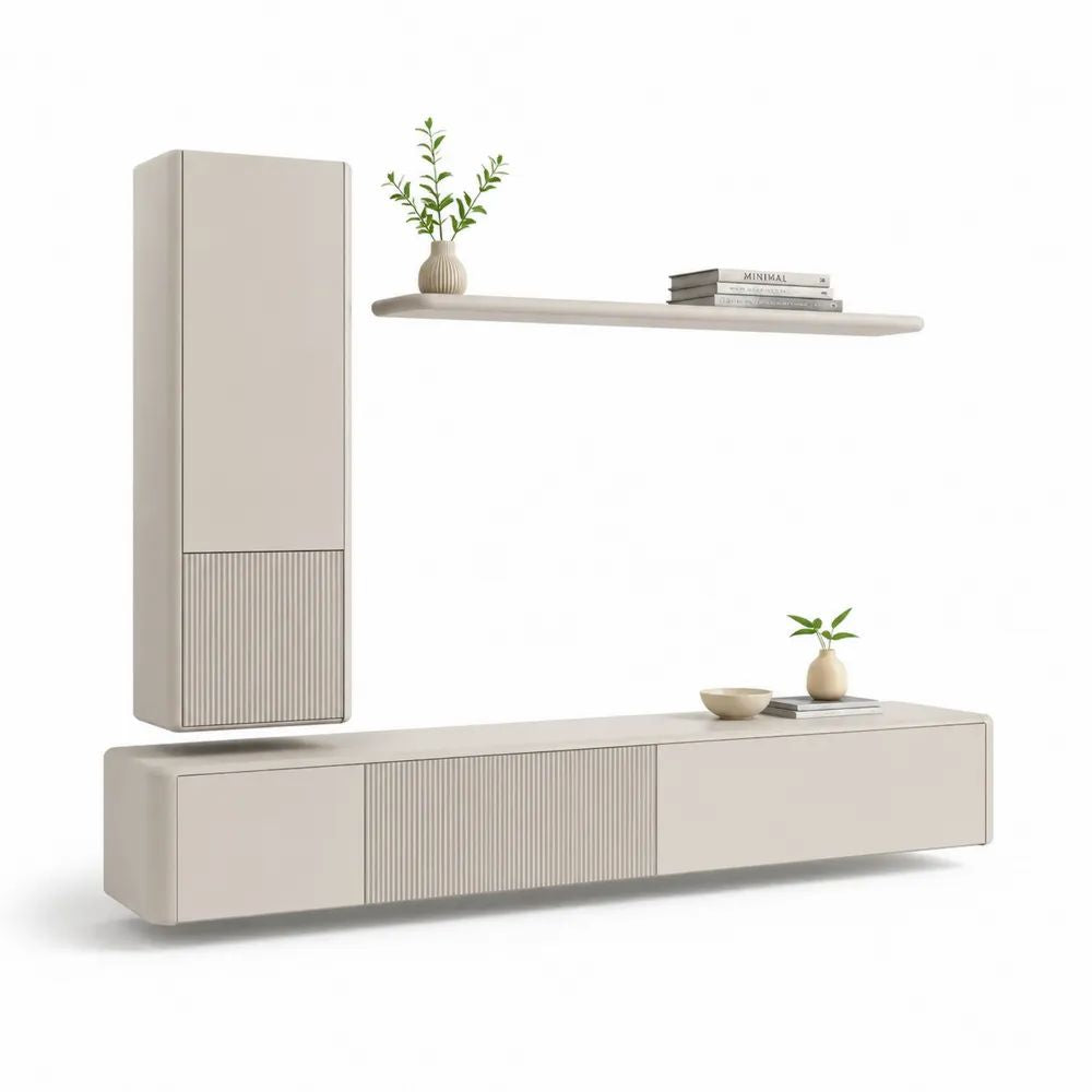 Ensemble meuble TV mural 3 pièces en MDF beige clair avec meuble bas 180 x 40 x 35 cm, armoire 40 x 30 x 110 cm et étagère 120 x 20 x 4 cm