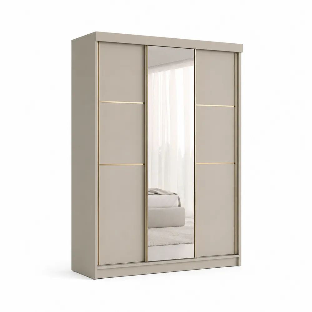 Armoire à 3 portes coulissantes en panneaux de particules mélaminés avec miroir, greige et doré, 180 x 60 x 220 cm