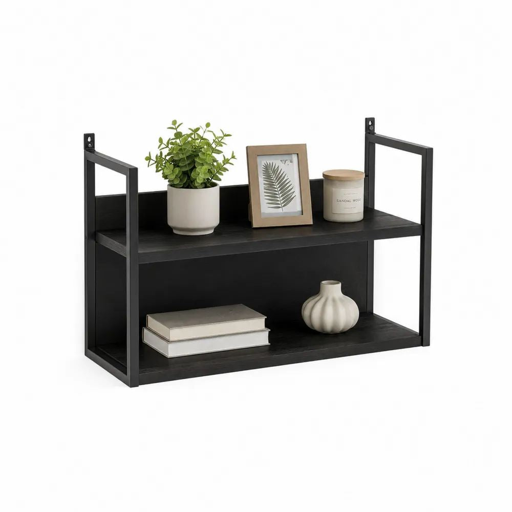 Étagère murale rectangulaire à 2 niveaux en bois et acier noir, 60 × 20 × 50 cm