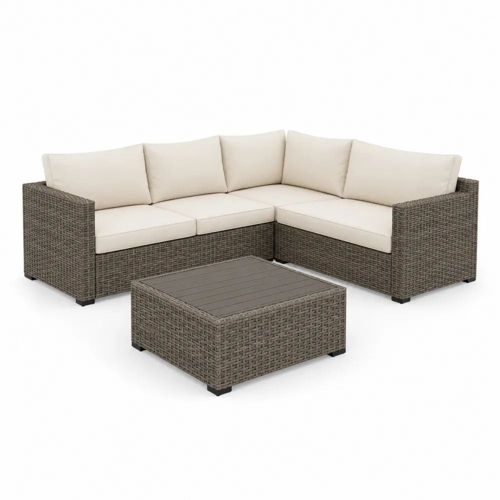 Salon de jardin extérieur 5 places en résine tressée taupe avec canapé d’angle 255 × 182 × 65 cm, table basse 64 × 64 × 34 cm et coussins beige