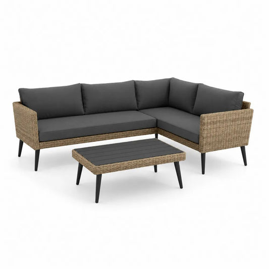 Salon de jardin d’angle 4 places, ensemble 3 pièces en résine tressée beige et métal, coussins gris anthracite, canapé 210 × 140 × 80 cm, table 90 × 50 × 38 cm