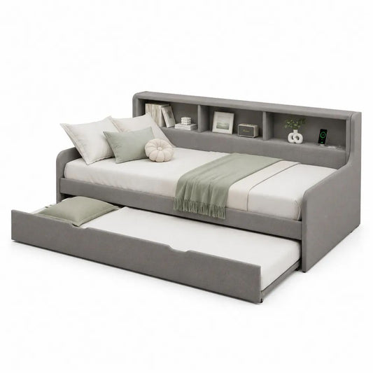 Lit gigogne 2 couchages 90 × 200 cm et 90 × 190 cm avec tête de lit bibliothèque, revêtement en tissu gris