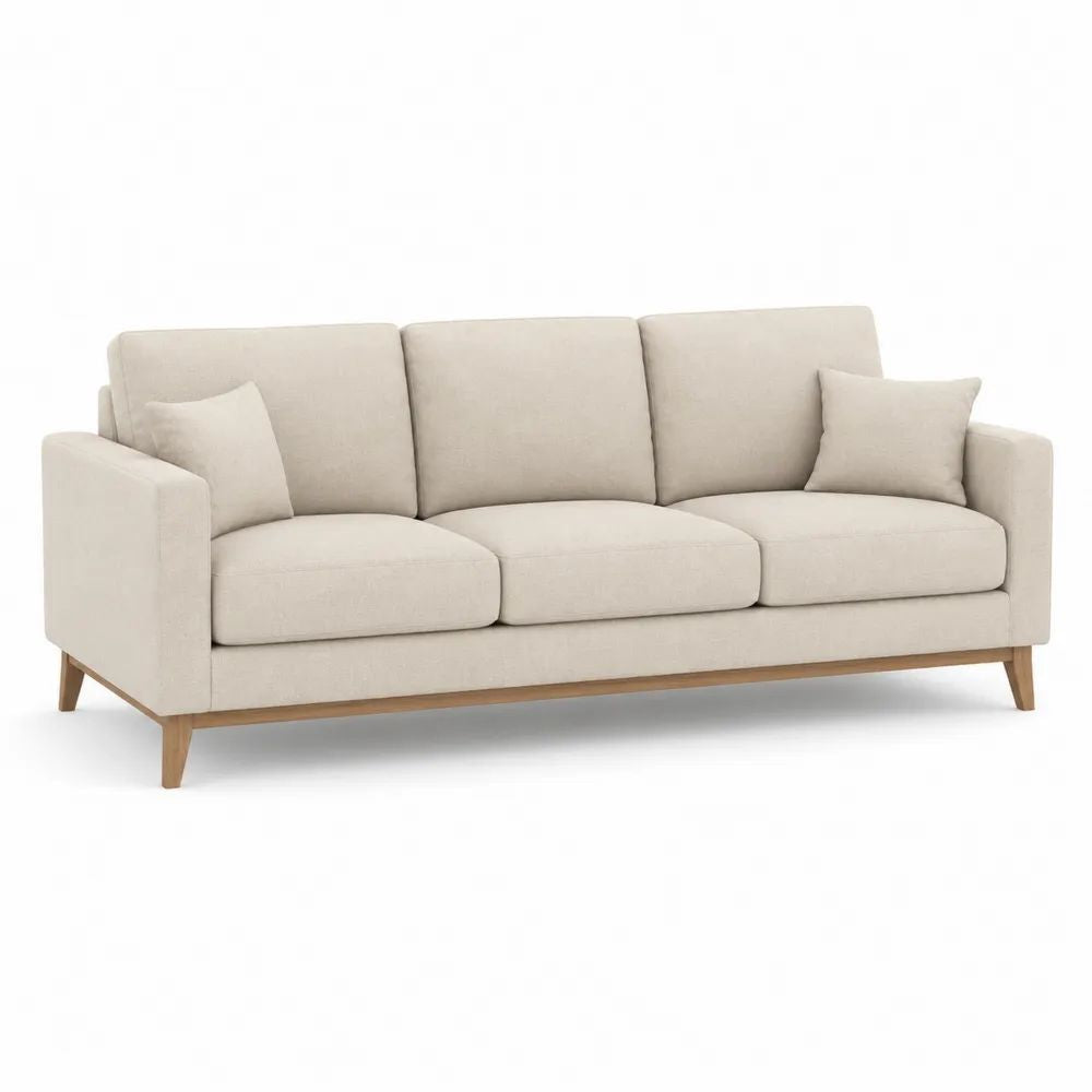Canapé droit 3 places en tissu beige avec pieds en bois, 218 x 90 x 85 cm