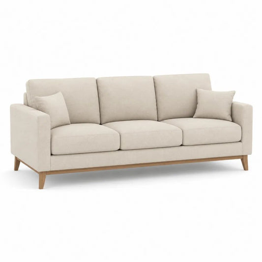 Canapé droit 3 places en tissu beige avec pieds en bois, 218 x 90 x 85 cm