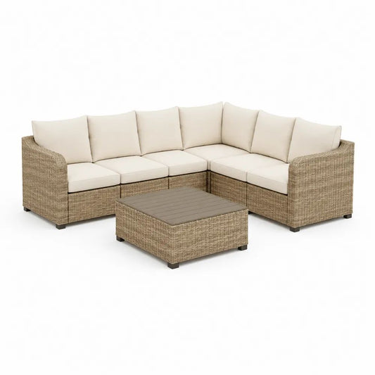 Salon de jardin d’angle extérieur 7 pièces 6 places en résine tressée beige avec coussins crème et table basse, 268 x 268 x 74 cm