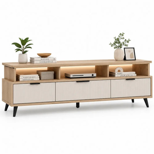 Meuble TV LED rectangulaire en bois et métal, 3 portes et 3 niches, chêne clair, blanc et noir, 180 × 40 × 65 cm
