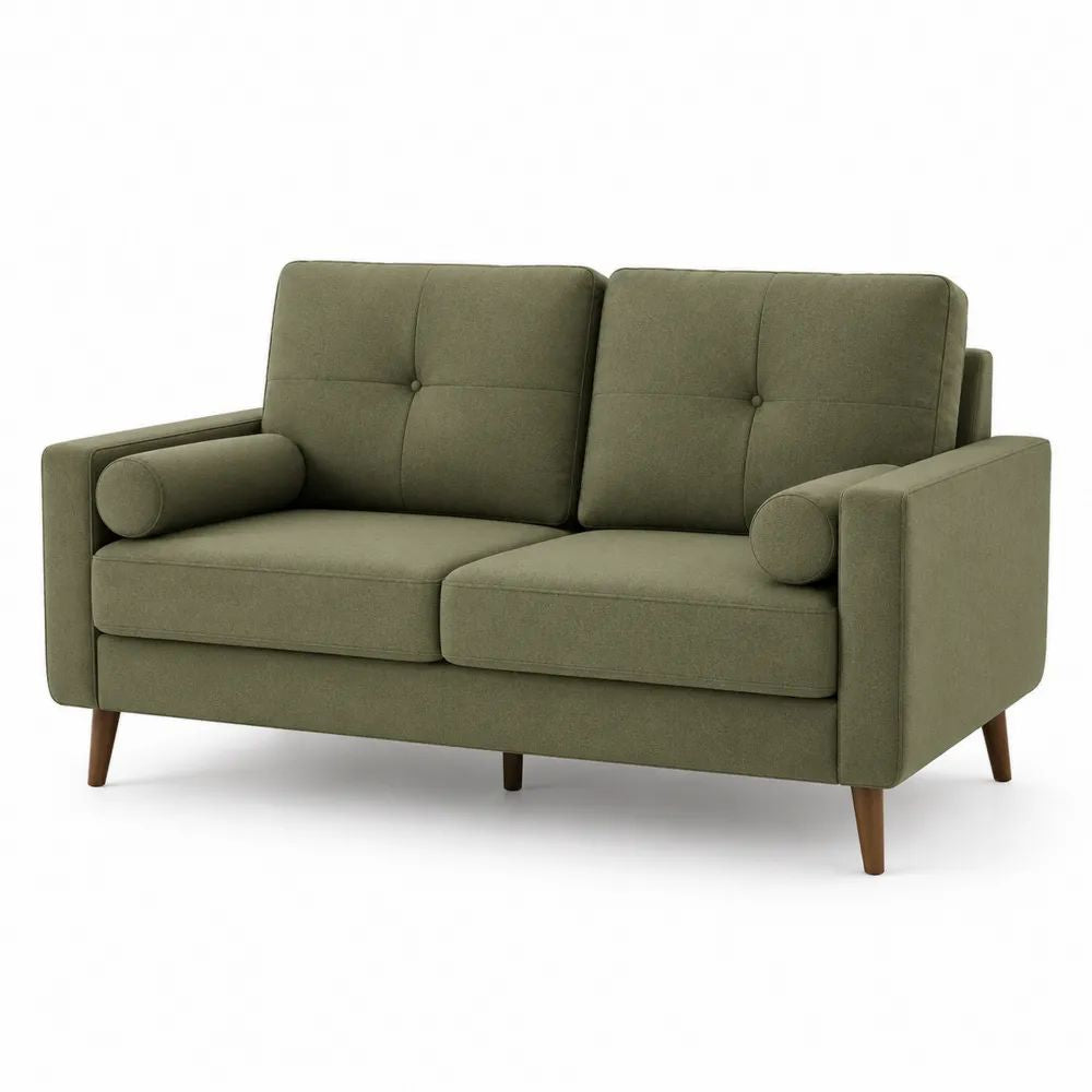 Canapé droit 2 places en tissu vert olive avec pieds en bois brun, 158 × 82 × 84 cm