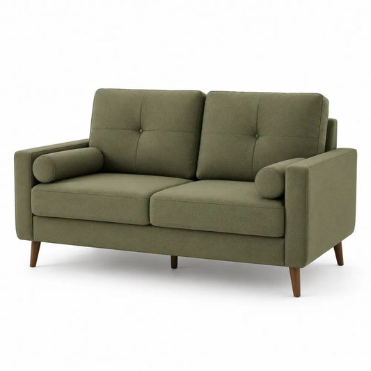 Canapé droit 2 places en tissu vert olive avec pieds en bois brun, 158 × 82 × 84 cm