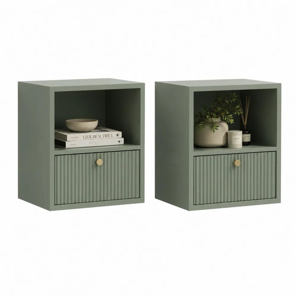 Lot de 2 meubles cubes de rangement en MDF vert sauge et doré avec niche ouverte et compartiment fermé, 40 × 30 × 50 cm
