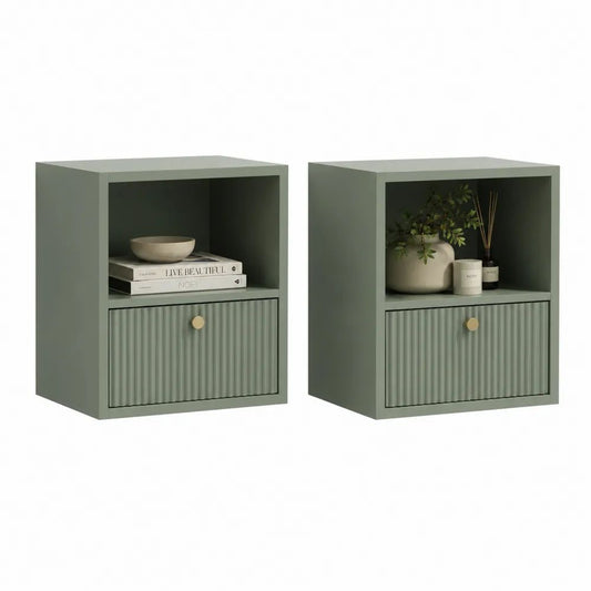 Lot de 2 meubles cubes de rangement en MDF vert sauge et doré avec niche ouverte et compartiment fermé, 40 × 30 × 50 cm