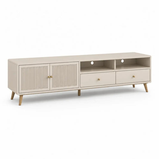 Meuble TV bas rectangulaire en MDF beige avec 2 portes, 2 tiroirs et 2 niches, 180 x 40 x 60 cm