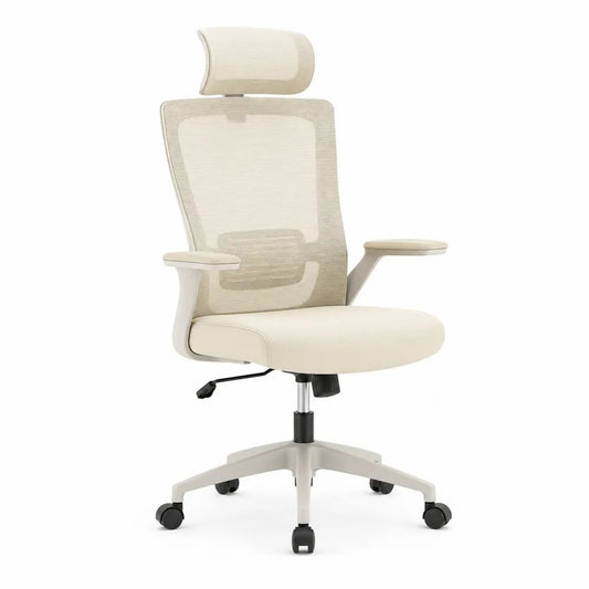 Chaise de bureau ergonomique pivotante en maille et similicuir beige avec appuie-tête, 65 x 65 x 114-124 cm