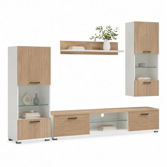 Ensemble mural meuble TV 4 pièces en MDF et panneaux de particules, chêne clair et blanc, 300 × 40 × 200 cm
