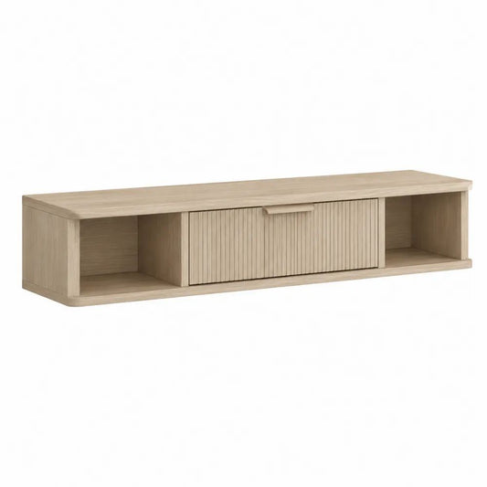 Étagère murale rectangulaire en MDF plaqué chêne avec 2 niches et rangement fermé, chêne clair, 160 × 30 × 35 cm