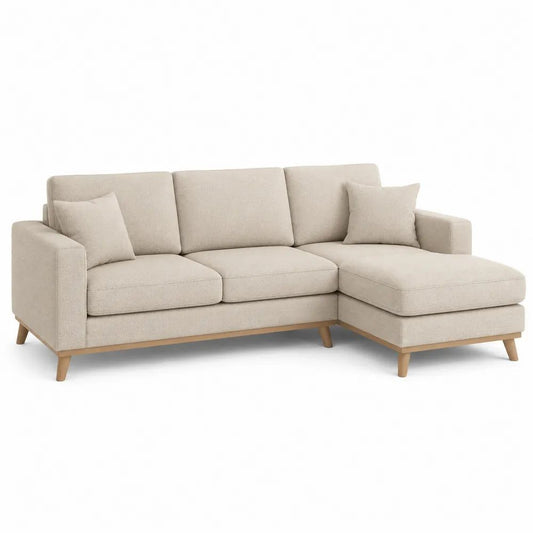 Canapé d’angle 3 places en tissu beige avec méridienne droite et pieds en bois naturel, 220 × 150 × 85 cm