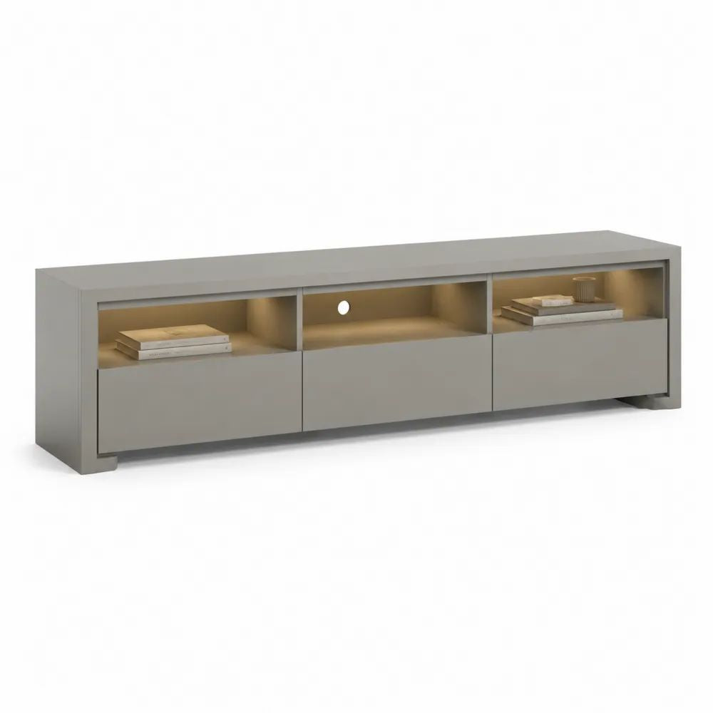 Meuble TV bas gris taupe avec éclairage LED et 3 portes, en panneaux de particules, 180 x 40 x 60 cm