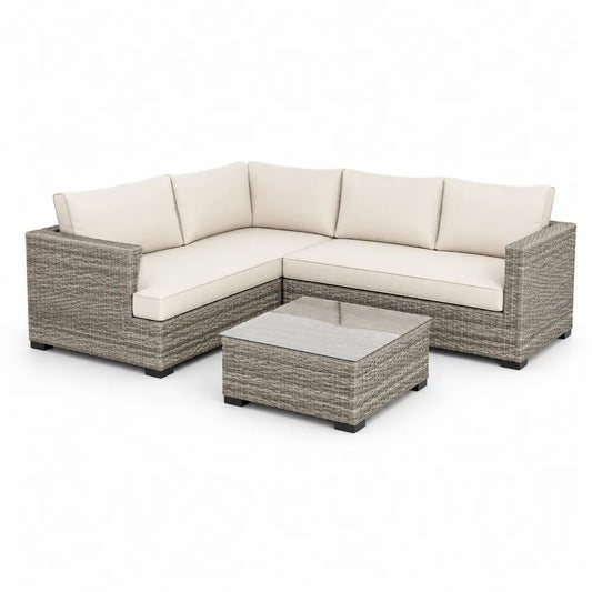 Salon de jardin 3 pièces avec canapé d’angle 5 places en résine tressée grise, coussins crème, canapé 200 × 200 × 64 cm et table 65 × 65 × 32 cm