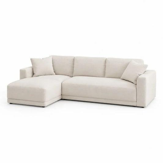 Canapé d’angle gauche 3 places avec méridienne en tissu écru, 280 x 170 x 85 cm